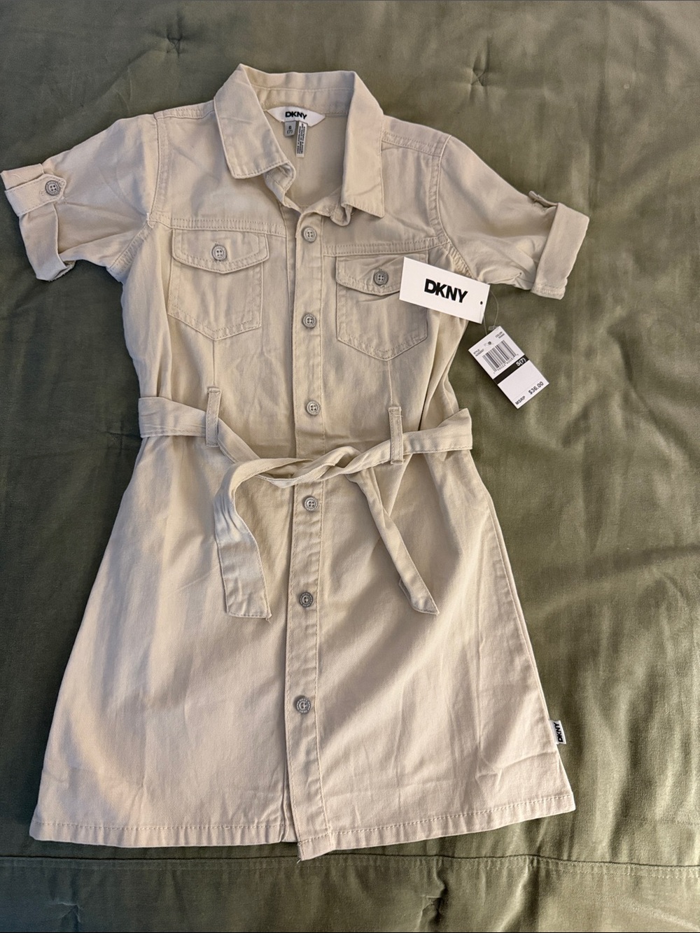 DKNY Girl’s Cream Button-Front Shirt Dress with Belt
